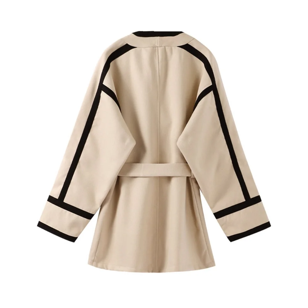 Striped Women's Woolen Coat Contrast Color Belts Long Sleeve Pocket Casu… - Picture 7 of 7